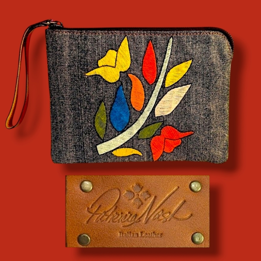💙Patricia Nash Cassini Leather & Denim Embroidered Floral Large Wristlet